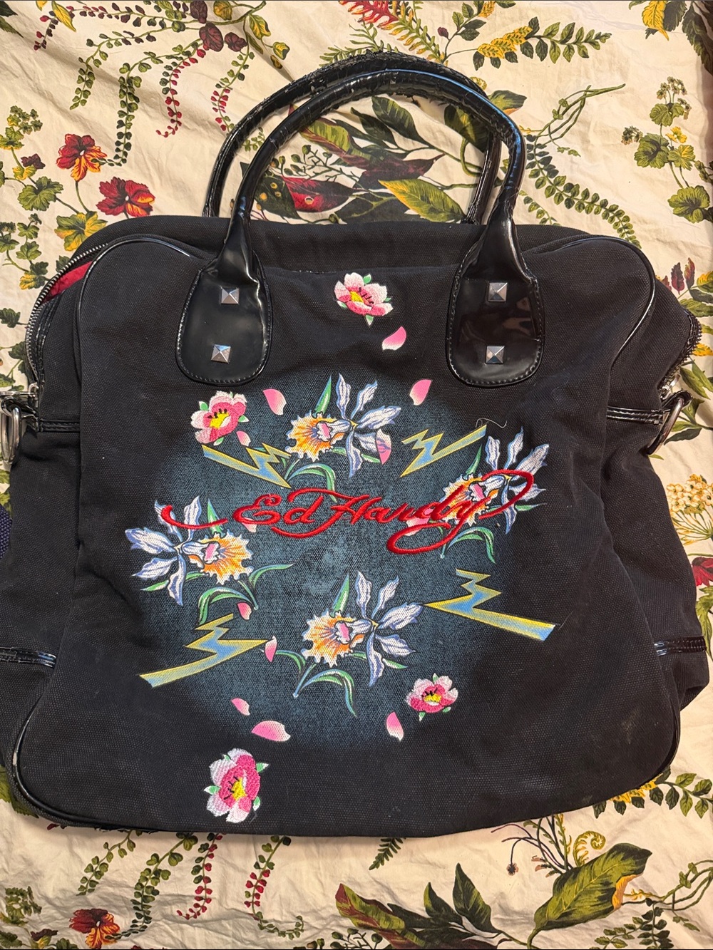 Ed Hardy Black Floral Embroidered Canvas Tote with Lightning Motif